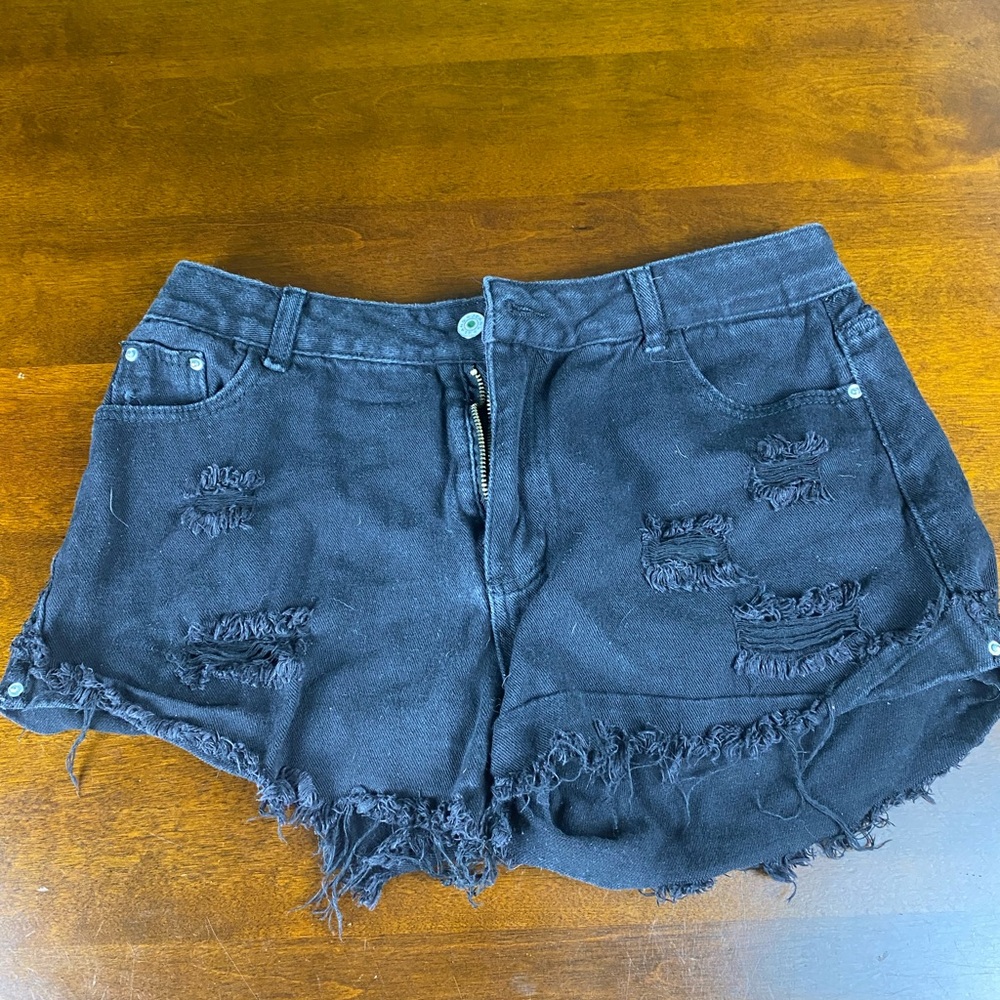Distressed Black Denim Shorts